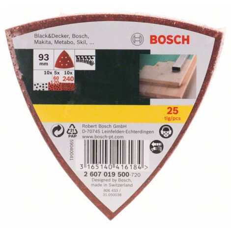 Bosch Accessories 2607019500 Deltaschleifpapier-Set Mit Klett, Gelocht Körnung 60, 120, 240 Eckmaß 4 Bosch Accessories 2607019500 Deltaschleifpapier-Set Mit Klett, Gelocht Körnung 60, 120, 240 Eckmaß – Bild 2